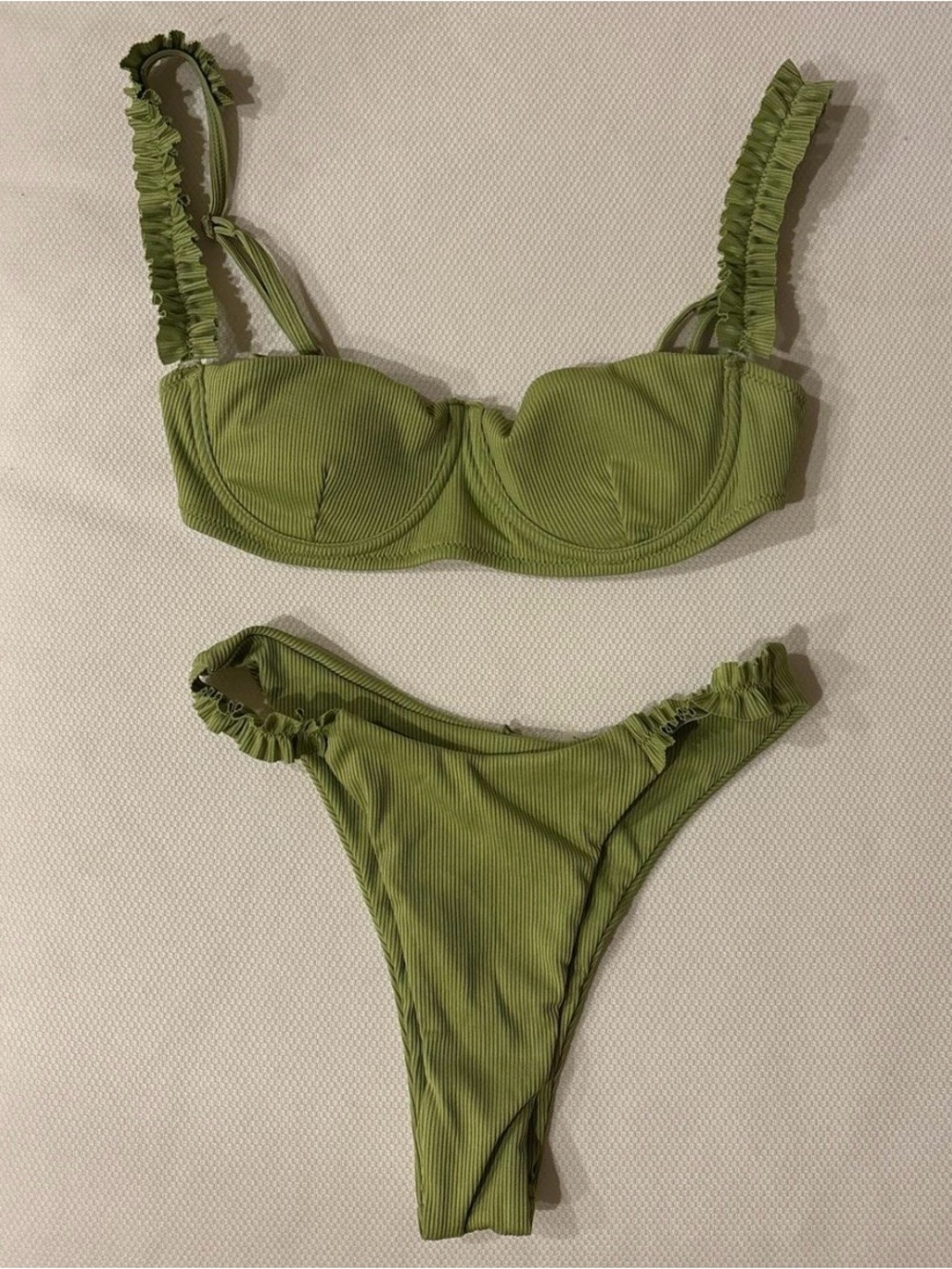 Olive Green Ruffled Ribbed Bikini Set - Picture 2 of 3